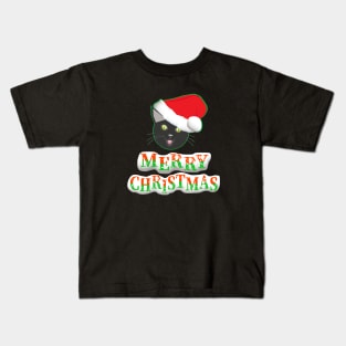 Merry Christmas Smiling Cat Wearing a Santa Claus Hat (Text on Bottom) Kids T-Shirt